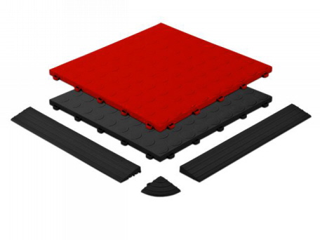 Spot-TEC Garagenfliesen in rot und schwarz mit Rampenleisten und Rampenecke